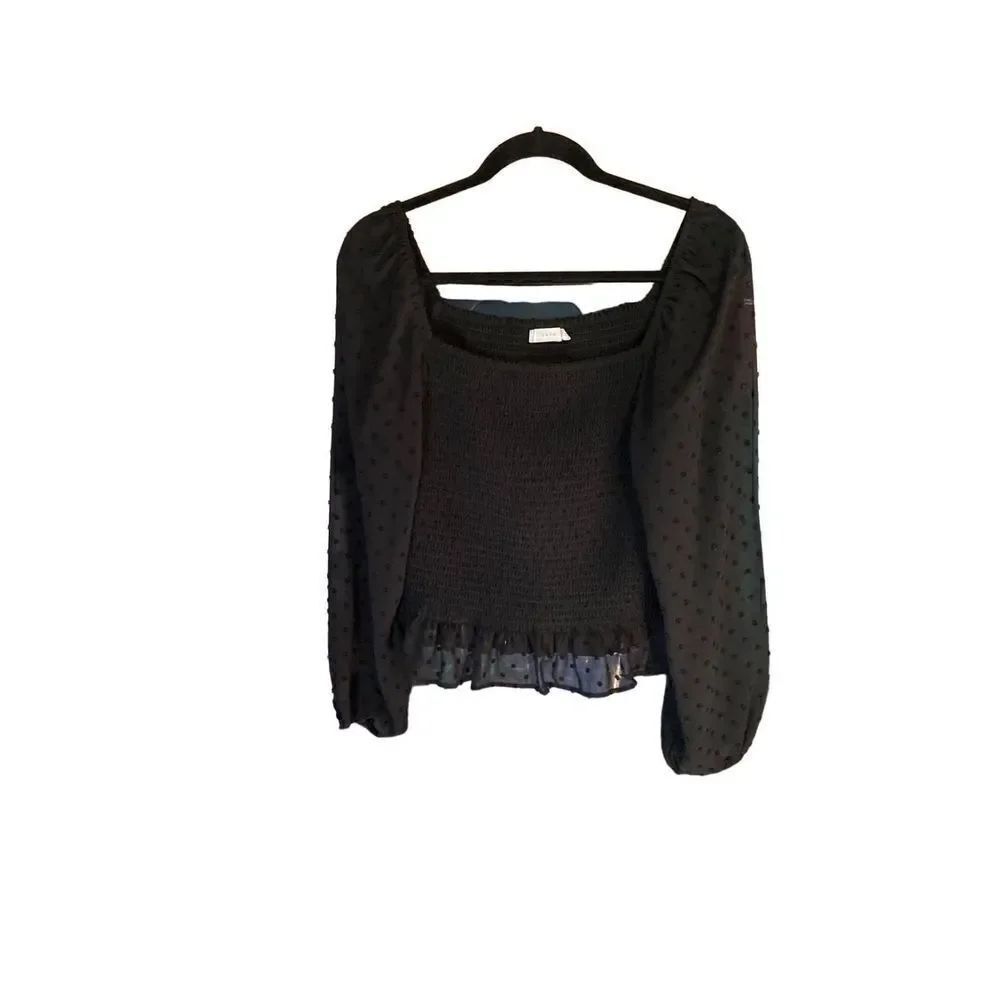 Lush Swiss dot .women’s sheer black blouse, size XL.